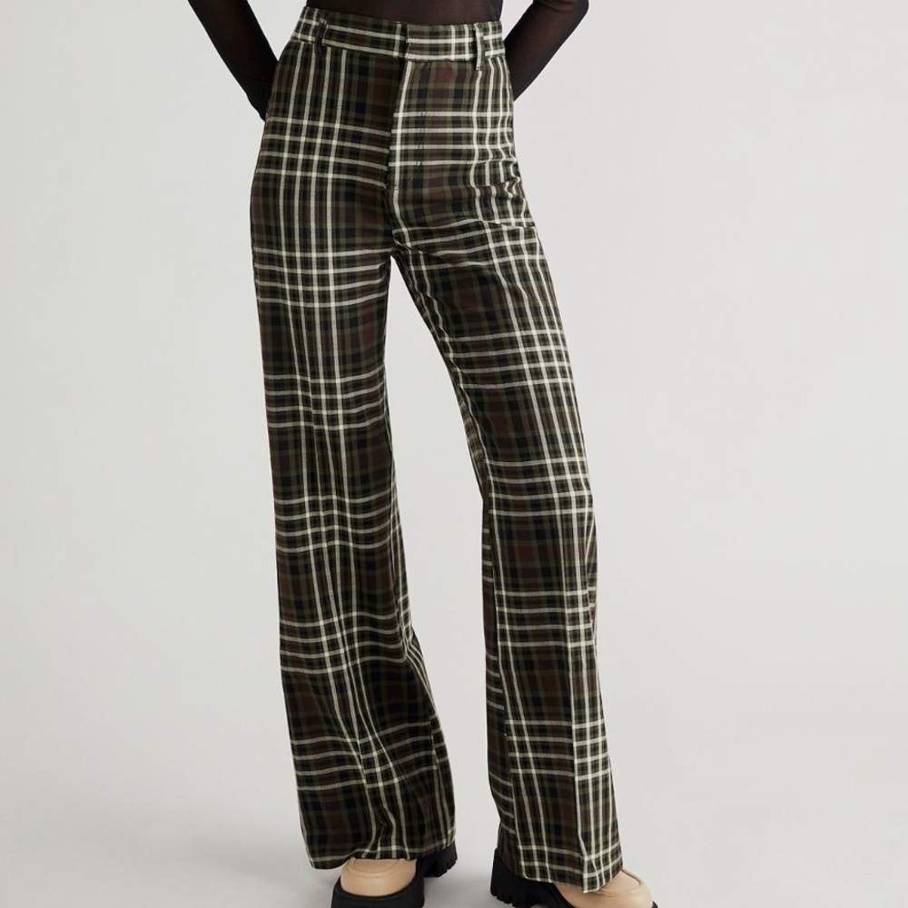 Free People Plaid Boot Cut Pants - Brown and White